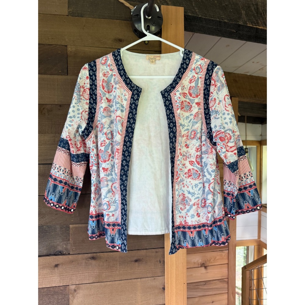 Choices Womens Red Blue Floral Patchwork Open Front Jacket Mirror Trim Size M